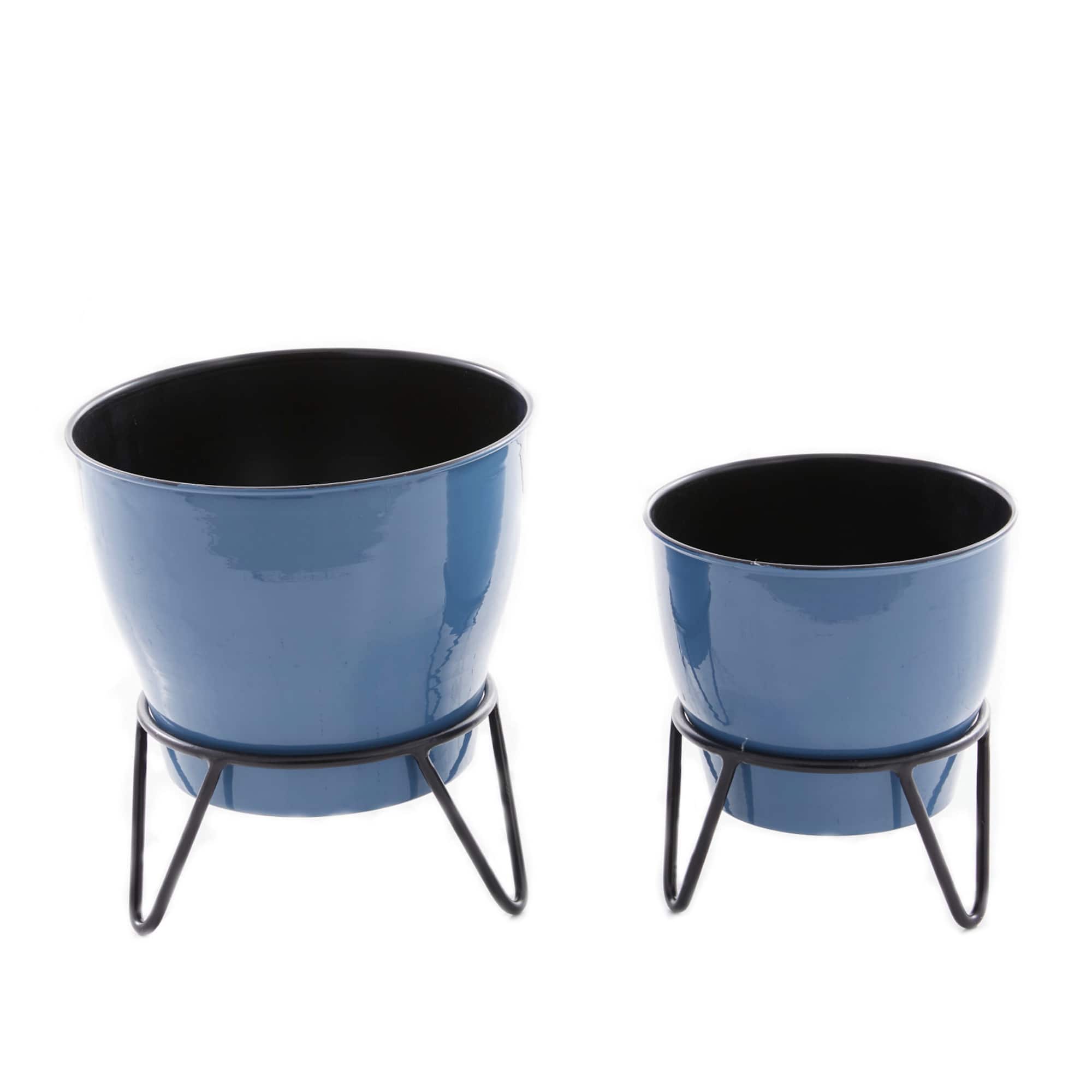 Set of 2 Blue Iron Modern Planter, 11" x 10" x 10"